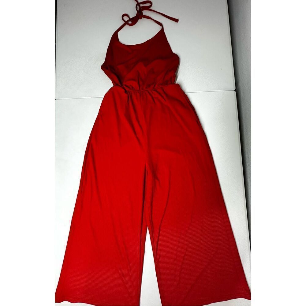 Revamped Women’s Red Wide Leg Open Back Jumpsuit Ribbed Size S